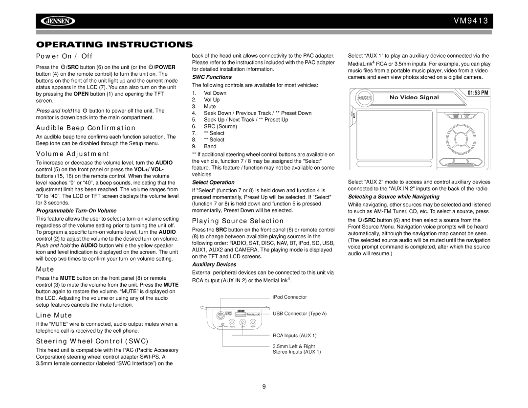 Jensen VM9413 operation manual Operating Instructions 