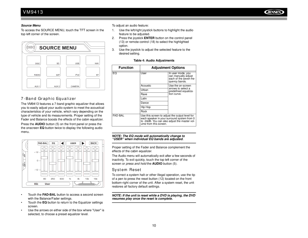 Jensen VM9413 Band Graphic Equalizer, System Reset, Function Adjustment Options, Source Menu, Audio Adjustments 