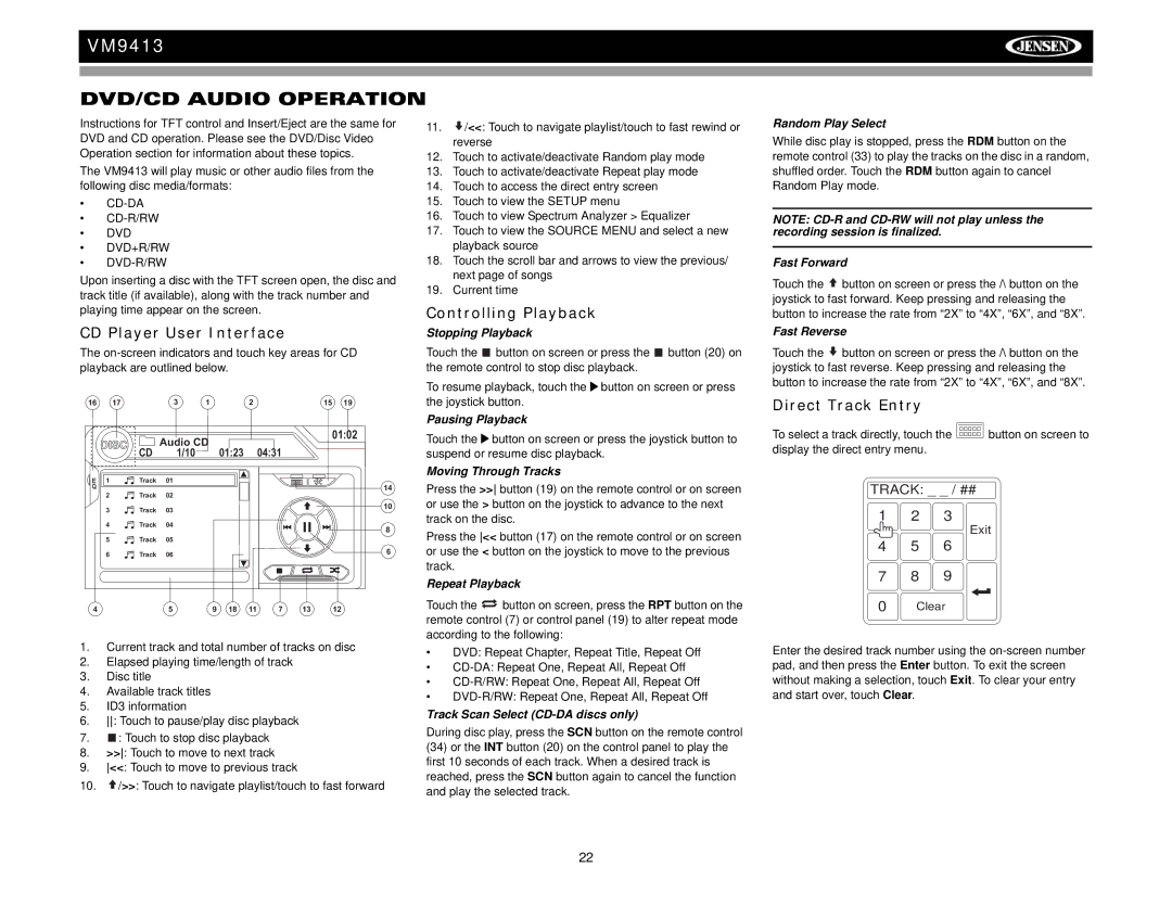 Jensen VM9413 operation manual DVD/CD Audio Operation, CD Player User Interface, Direct Track Entry 