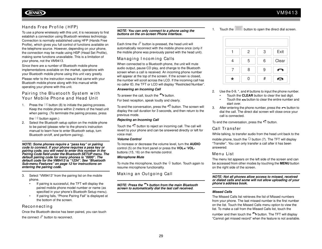 Jensen VM9413 Hands Free Profile HFP, Reconnecting, Managing Incoming Calls, Making an Outgoing Call, Call Transfer 