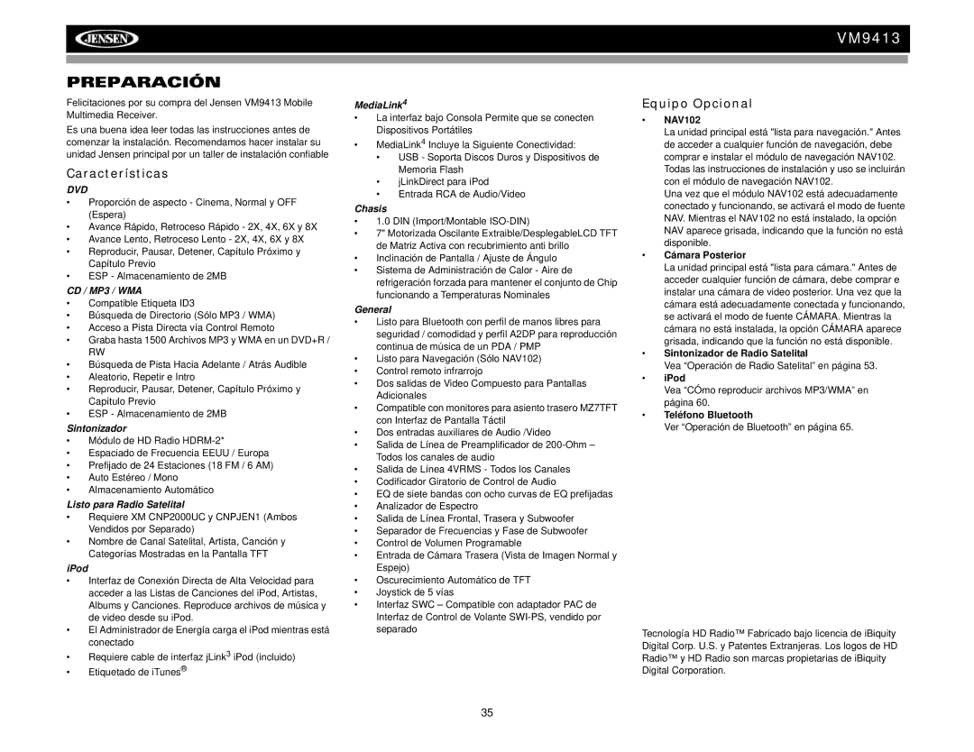 Jensen VM9413 operation manual Preparación, Características, Equipo Opcional 