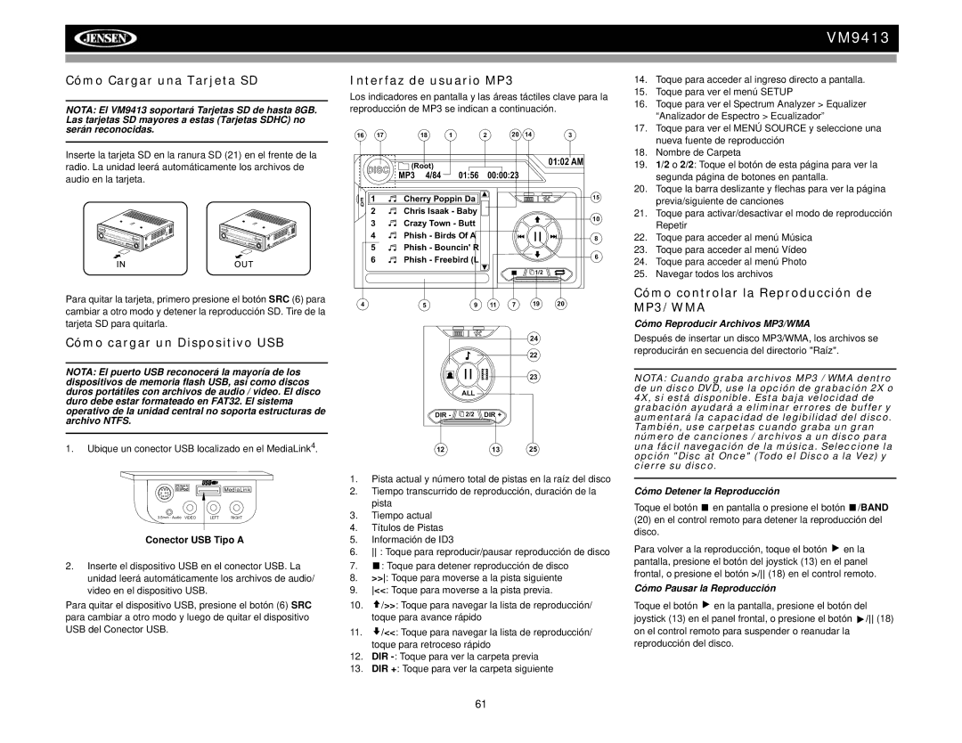 Jensen VM9413 operation manual Cómo Cargar una Tarjeta SD, Interfaz de usuario MP3, Cómo cargar un Dispositivo USB 