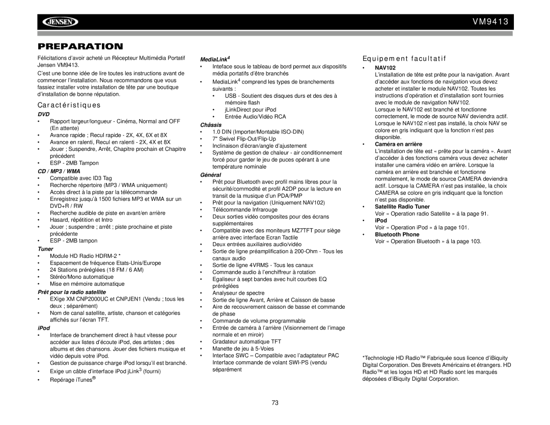 Jensen VM9413 operation manual Preparation, Caractéristiques, Equipement facultatif 