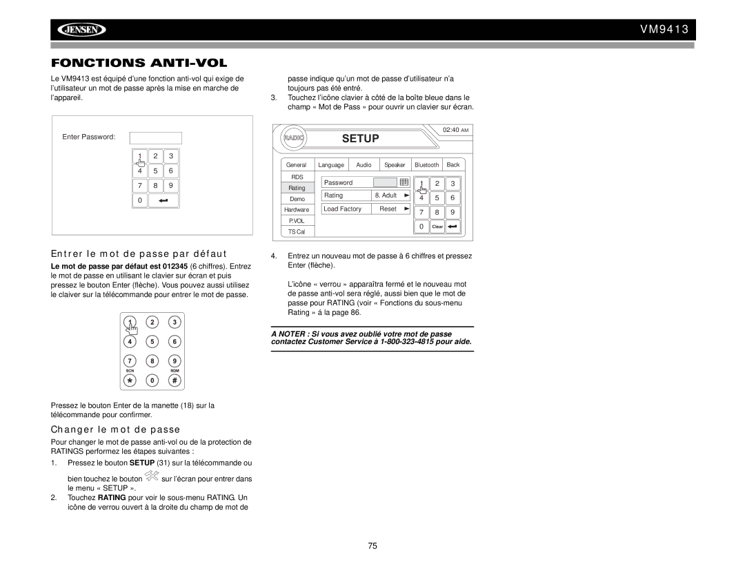 Jensen VM9413 operation manual Fonctions ANTI-VOL, Entrer le mot de passe par défaut, Changer le mot de passe 