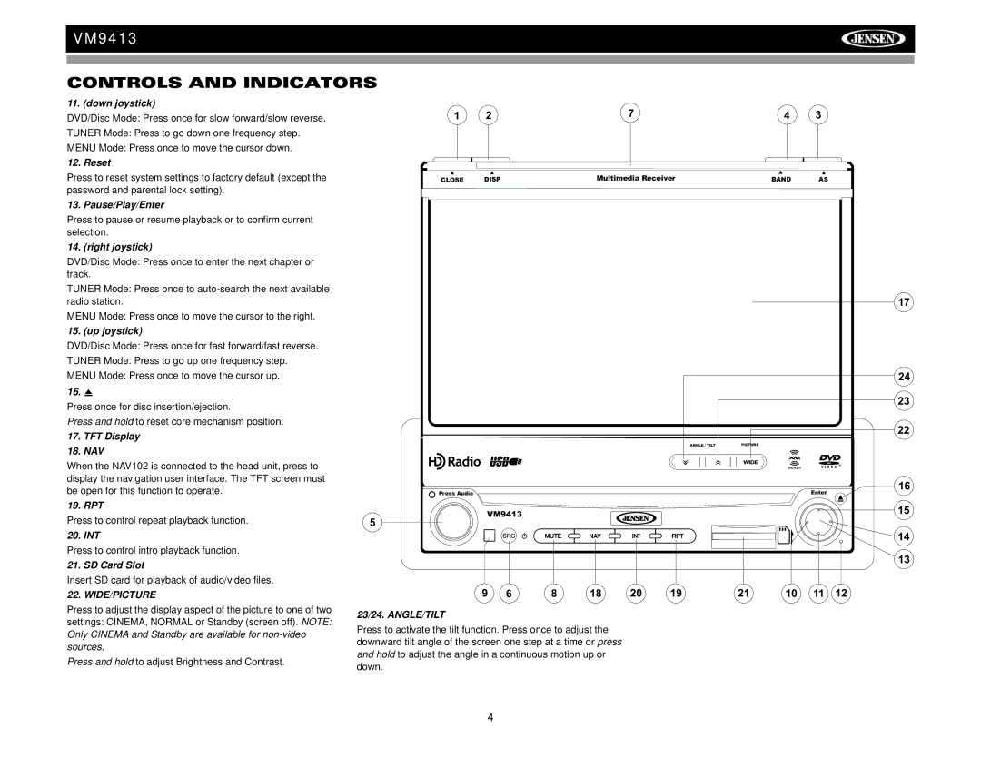 Jensen VM9413 Down joystick, Reset, Pause/Play/Enter, Right joystick, Up joystick, TFT Display NAV, Rpt, Int, SD Card Slot 