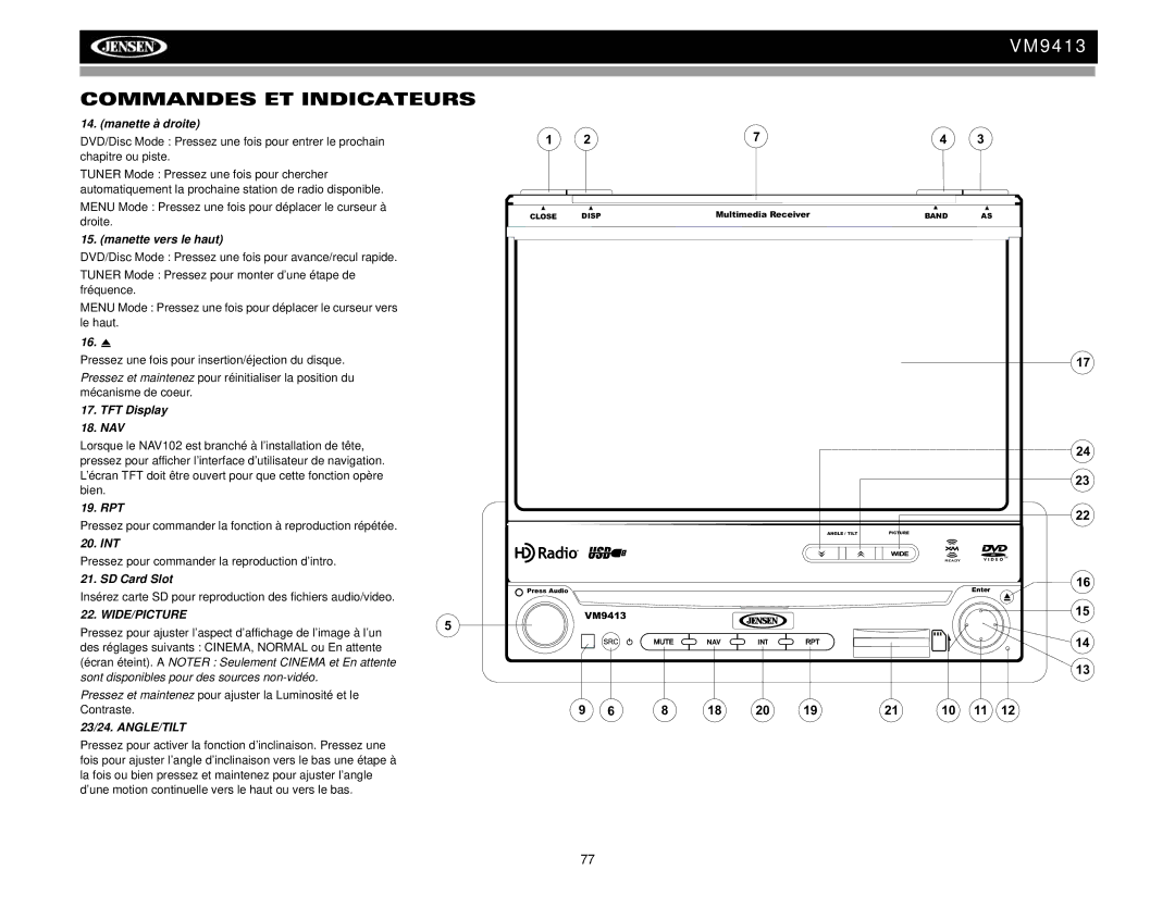 Jensen VM9413 operation manual Manette à droite, Manette vers le haut, TFT Display 