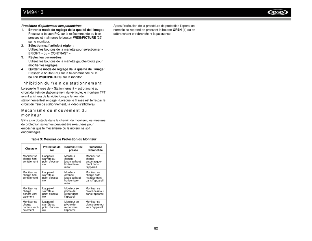 Jensen VM9413 Inhibition du frein de stationnement, Mécanisme du mouvement du moniteur, Réglez les paramètres 