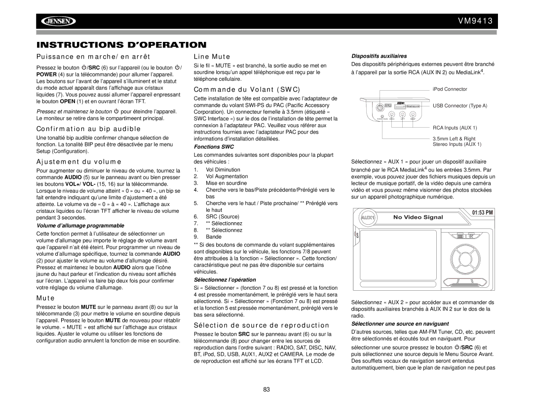 Jensen VM9413 operation manual Instructions D’OPERATION 