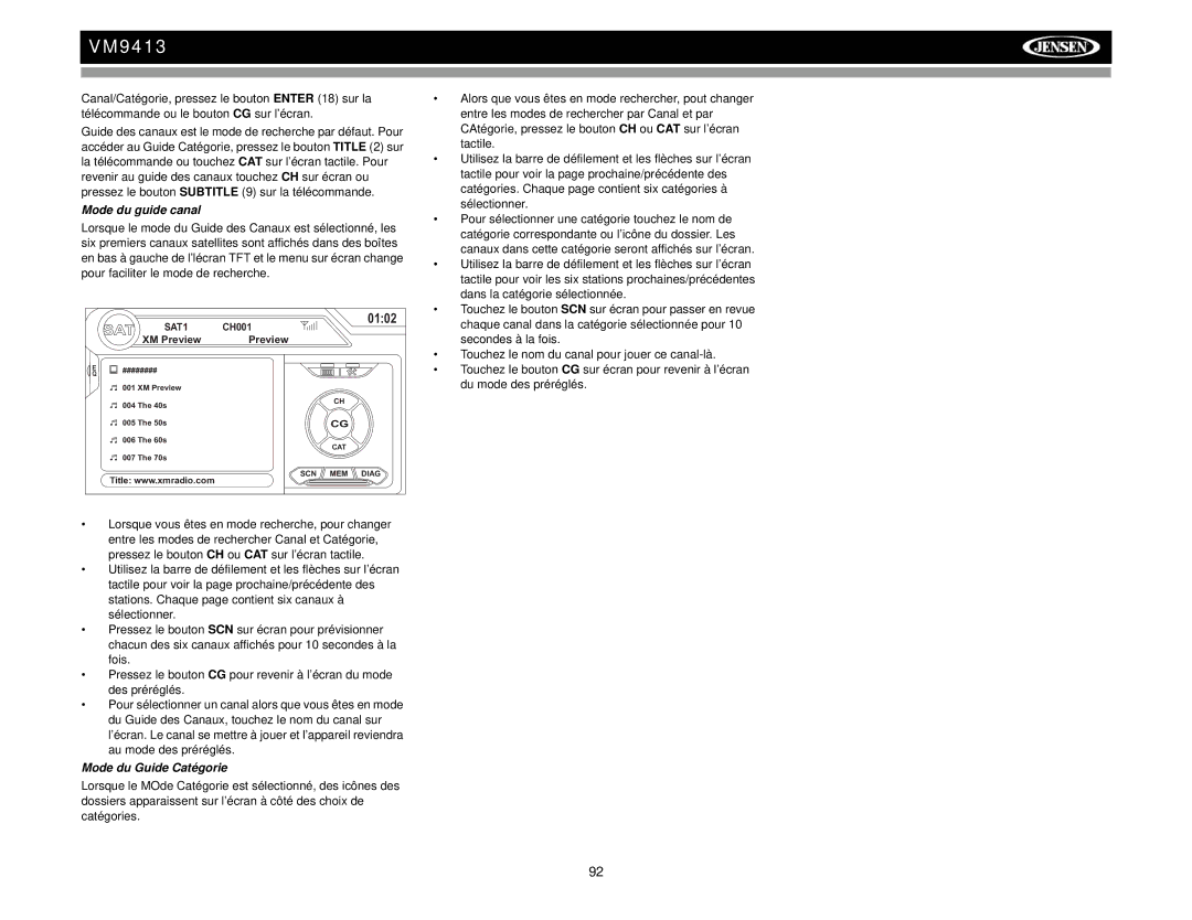 Jensen VM9413 operation manual Mode du guide canal, Mode du Guide Catégorie 