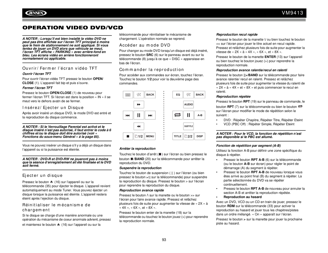 Jensen VM9413 operation manual Operation Video DVD/VCD 