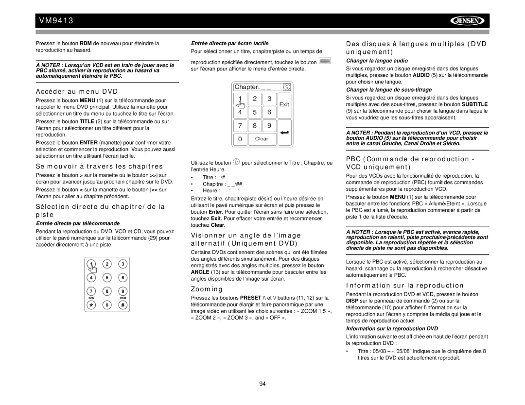 Jensen VM9413 Accéder au menu DVD, Se mouvoir à travers les chapitres, Sélection directe du chapitre/de la piste 