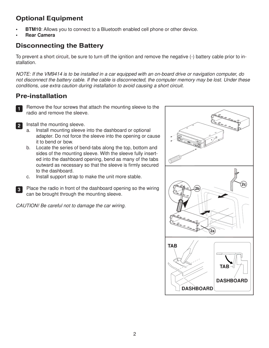 Jensen VM9414 owner manual Optional Equipment, Disconnecting the Battery, Pre-installation 