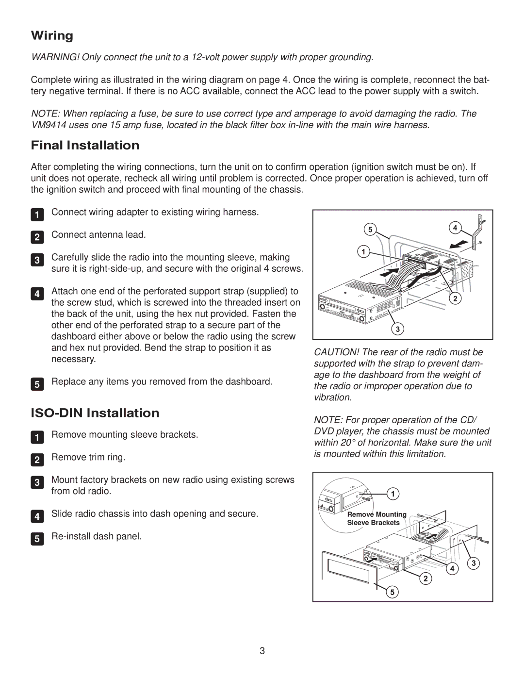 Jensen VM9414 owner manual Wiring, Final Installation, ISO-DIN Installation 