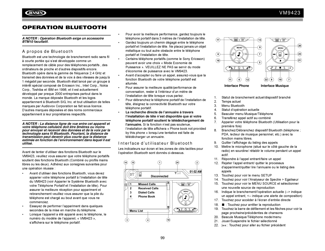 Jensen VM9423 Operation Bluetooth, Propos de Bluetooth, Interface d’utilisateur Bluetooth, Interface Musique 