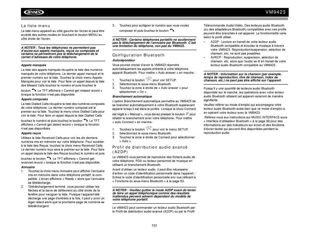 Jensen VM9423 operation manual La liste menu, Configuration Bluetooth, Profil de distribution audio avancé A2DP 