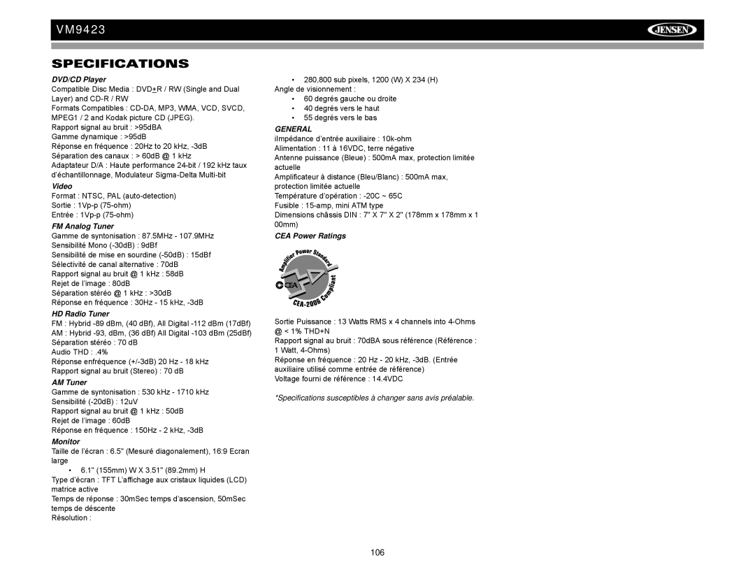 Jensen VM9423 operation manual 106 