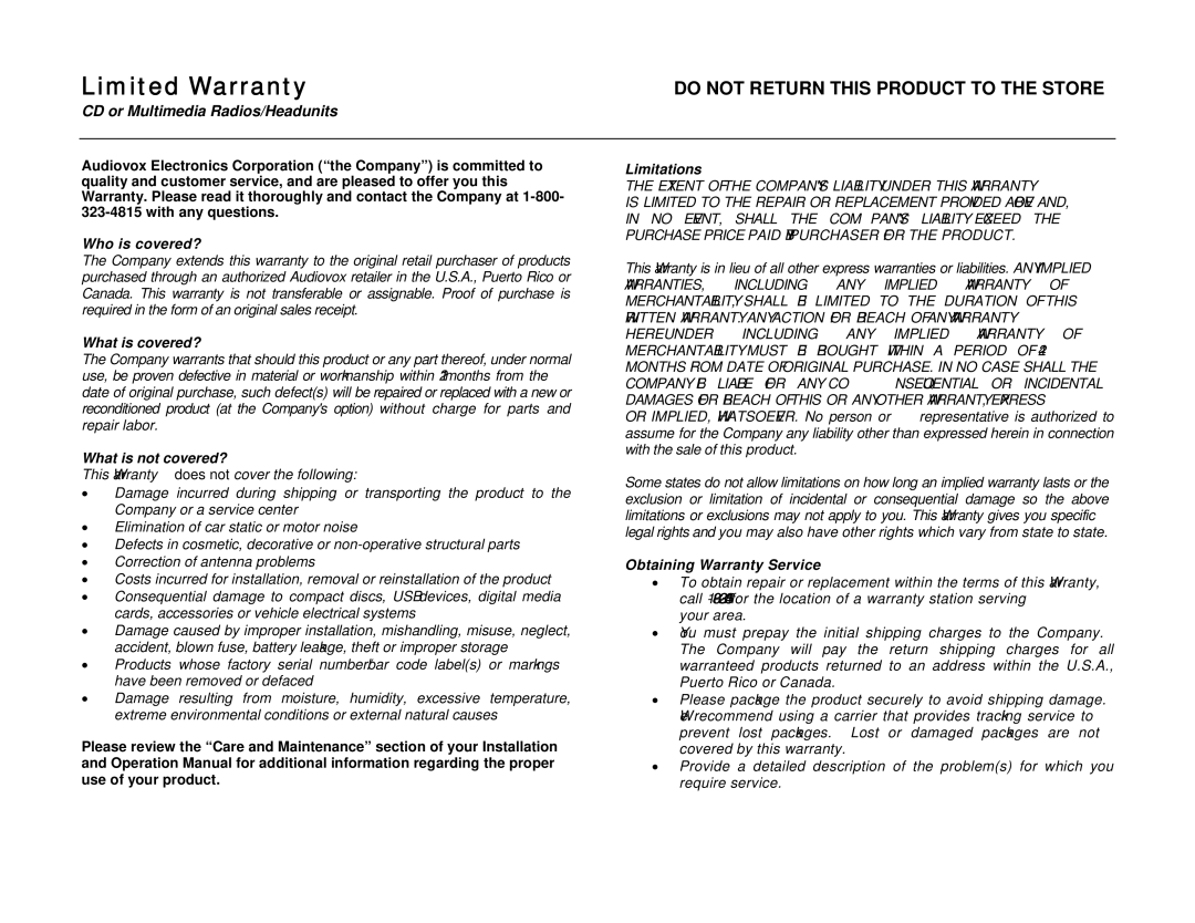 Jensen VM9423 operation manual Limited Warranty, Do not Return this Product to the Store 