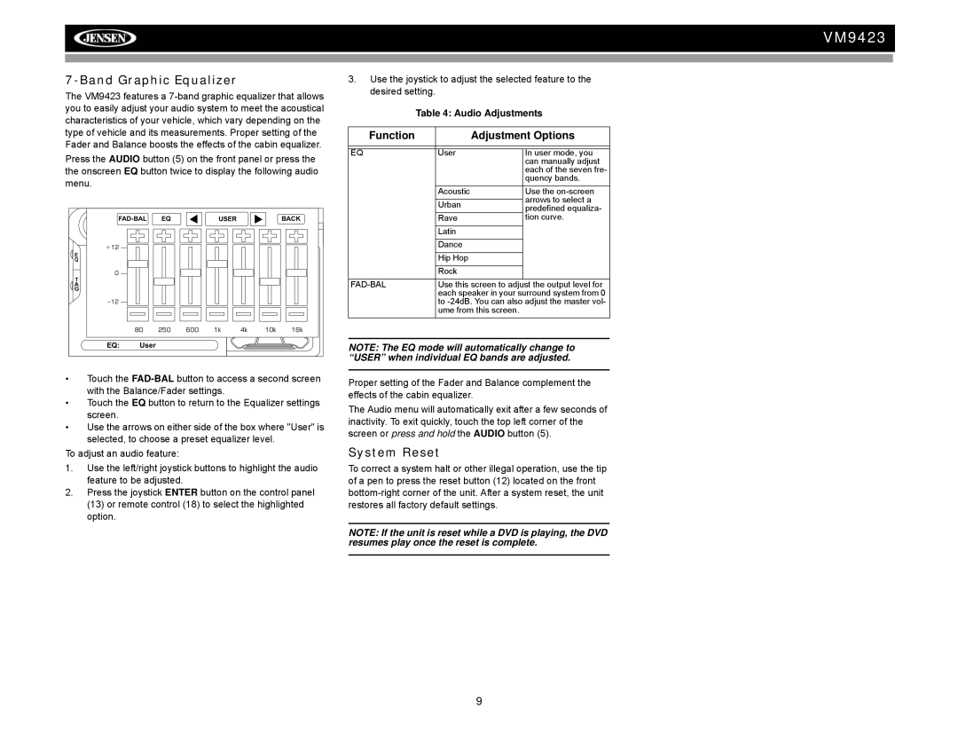 Jensen VM9423 Band Graphic Equalizer, System Reset, Function Adjustment Options, Audio Adjustments, Fad-Bal 
