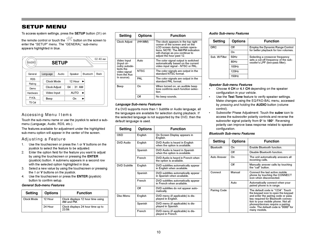 Jensen VM9423 operation manual Setup Menu, Accessing Menu Items, Adjusting a Feature, Setting Options Function 