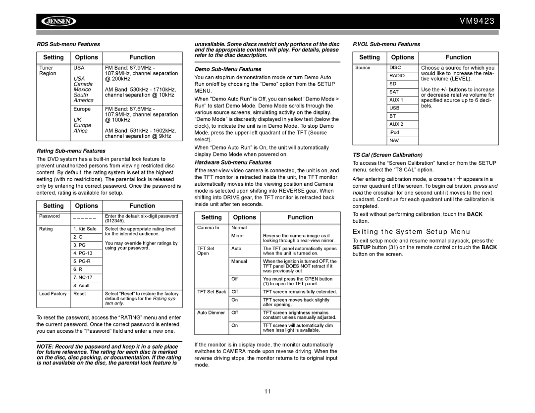 Jensen VM9423 operation manual Exiting the System Setup Menu 