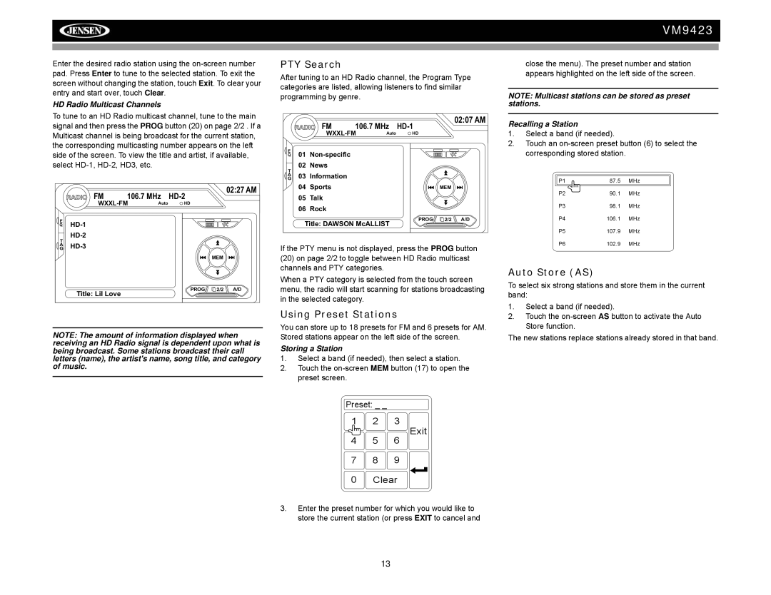 Jensen VM9423 operation manual PTY Search, Using Preset Stations, Auto Store AS 