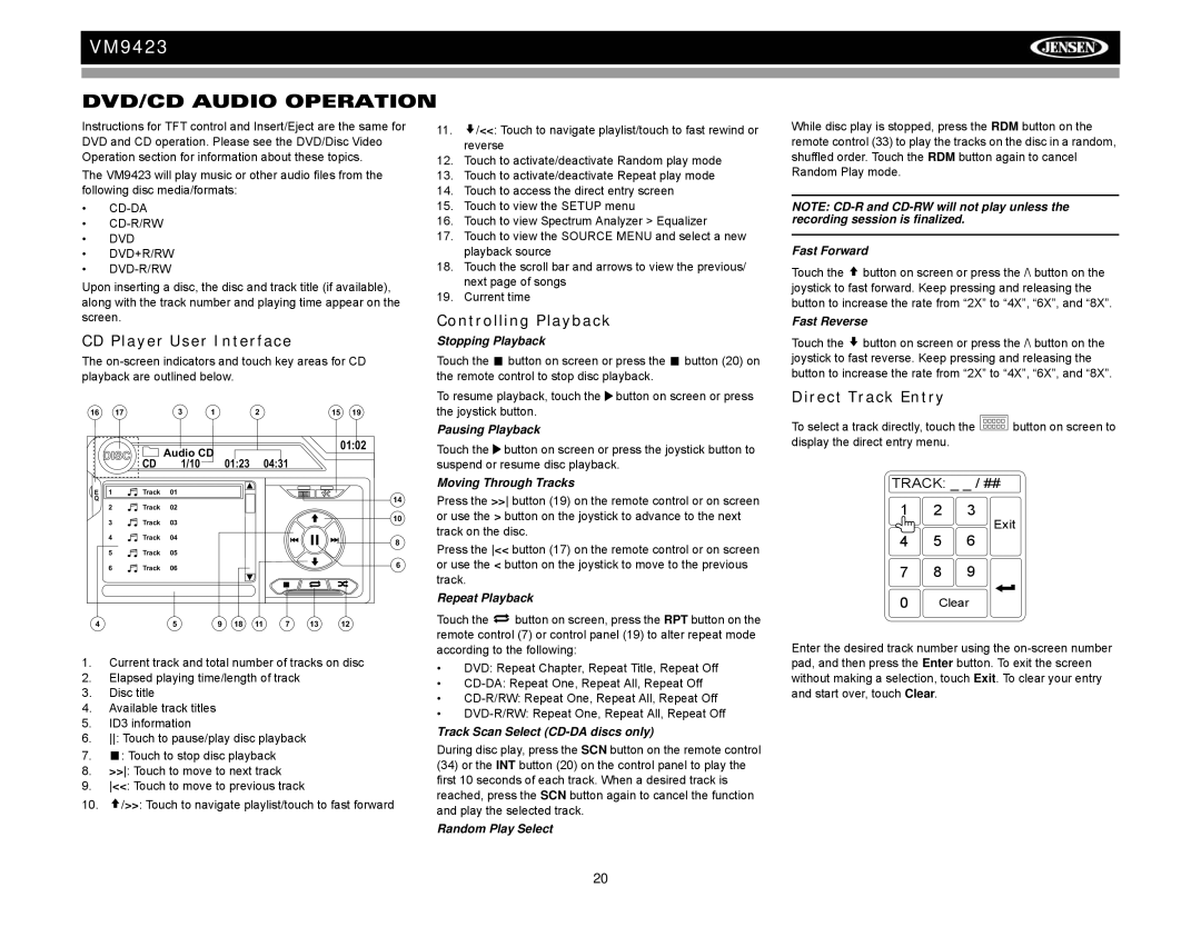 Jensen VM9423 operation manual DVD/CD Audio Operation, CD Player User Interface, Direct Track Entry 