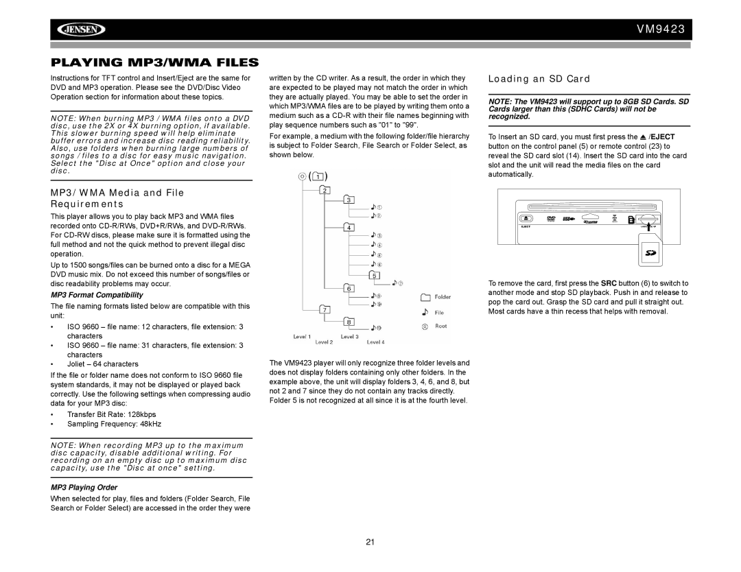 Jensen VM9423 Playing MP3/WMA Files, MP3/WMA Media and File Requirements, Loading an SD Card, MP3 Format Compatibility 