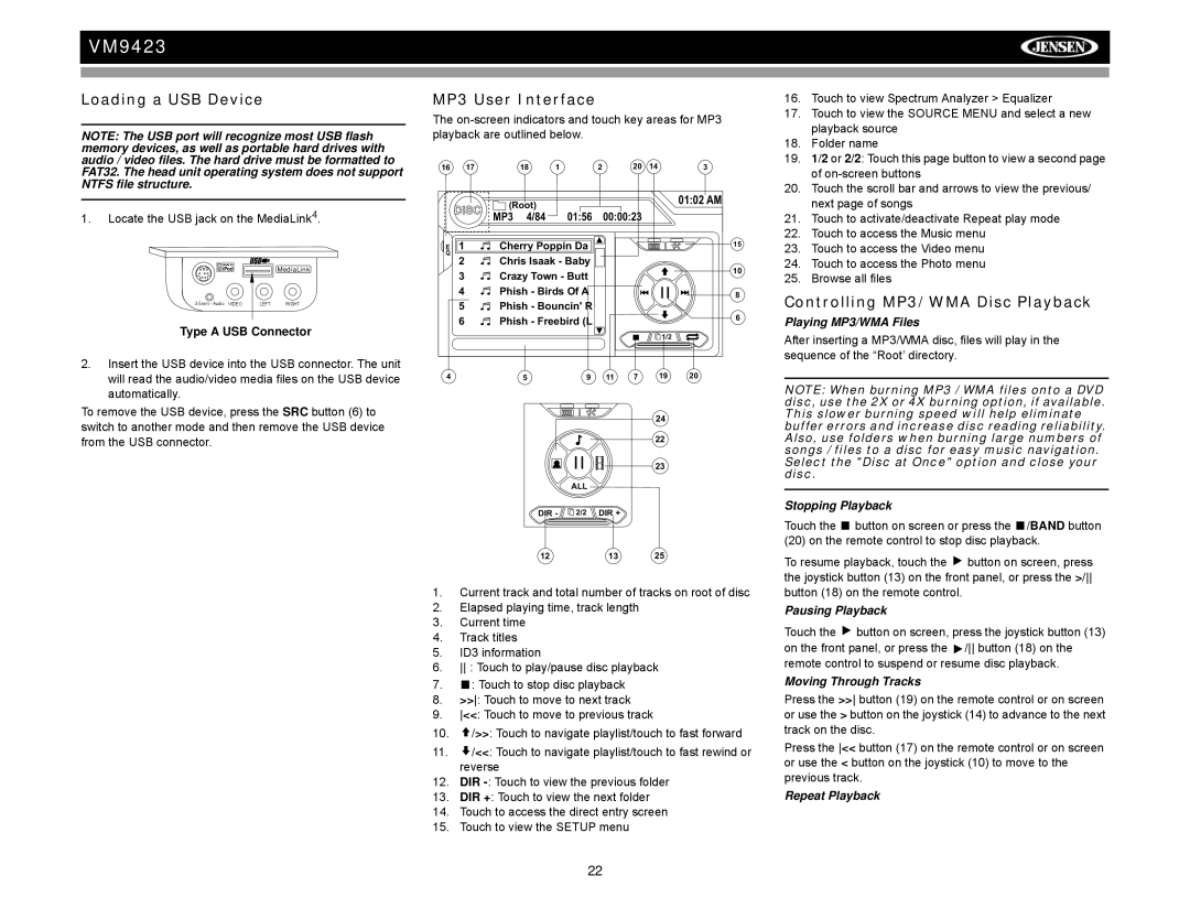 Jensen VM9423 Loading a USB Device MP3 User Interface, Controlling MP3/WMA Disc Playback, Type a USB Connector 