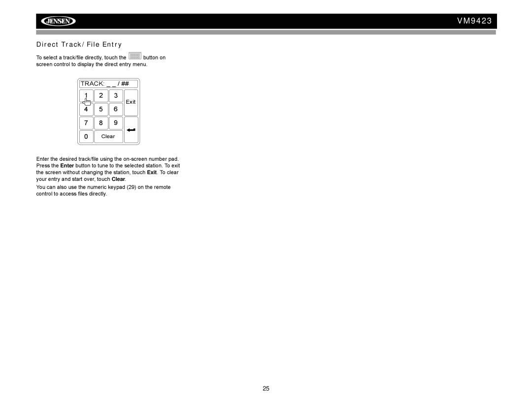 Jensen VM9423 operation manual Direct Track/File Entry 