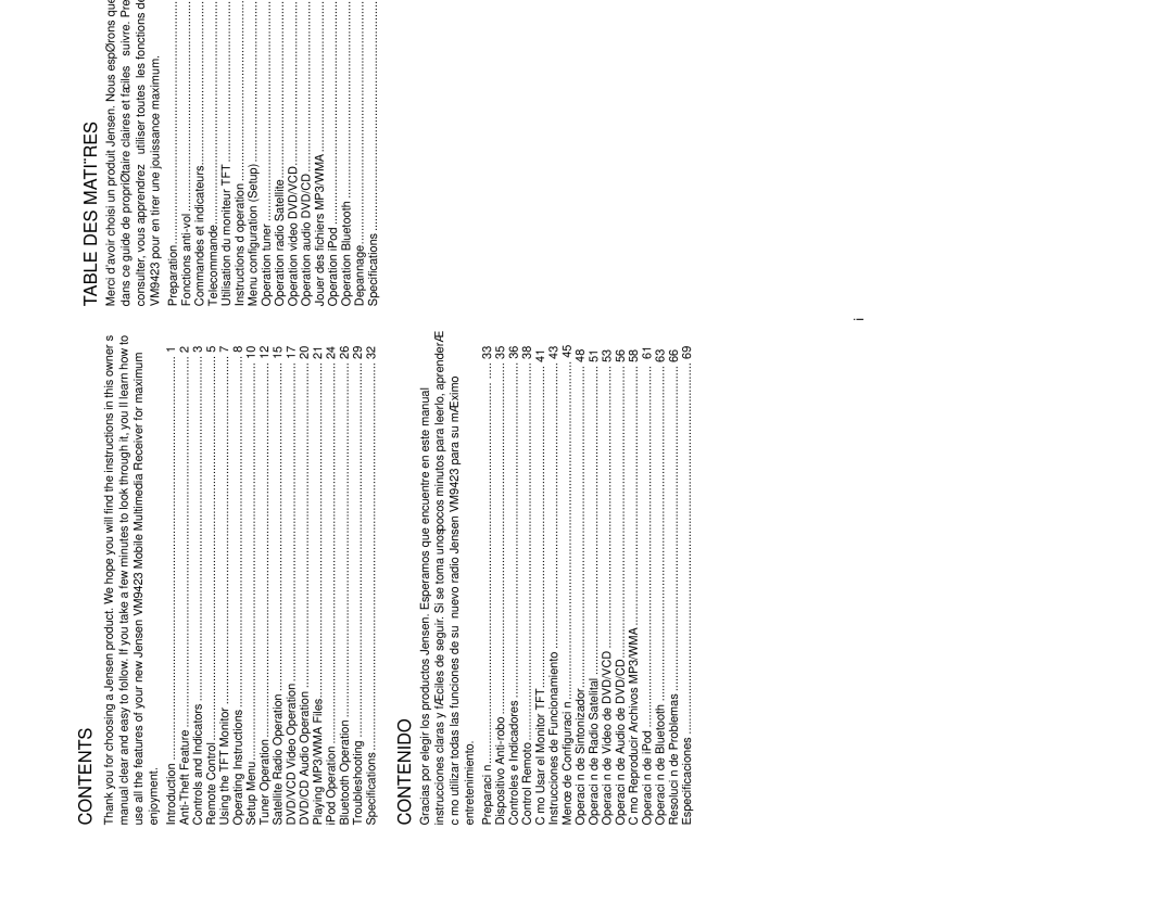 Jensen VM9423 operation manual Contents, Contenido, Table DES Matières 