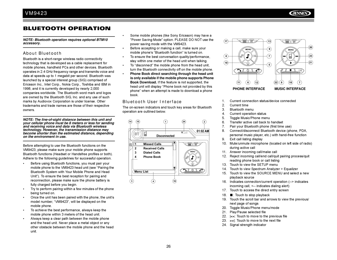 Jensen VM9423 operation manual Bluetooth Operation, About Bluetooth, Bluetooth User Interface 