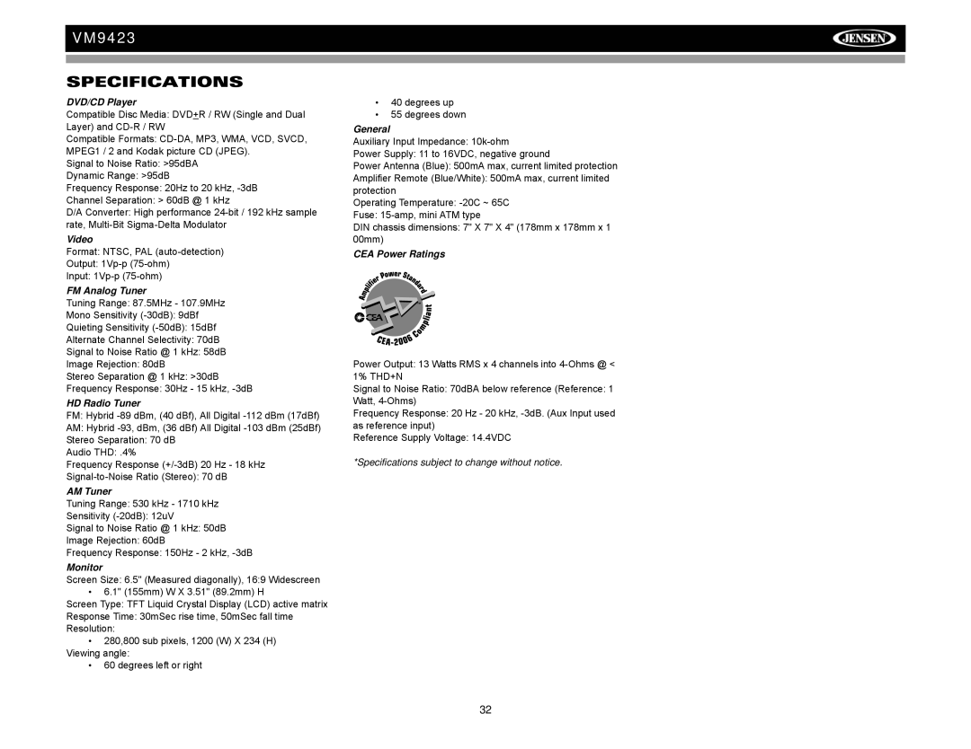 Jensen VM9423 operation manual Specifications 