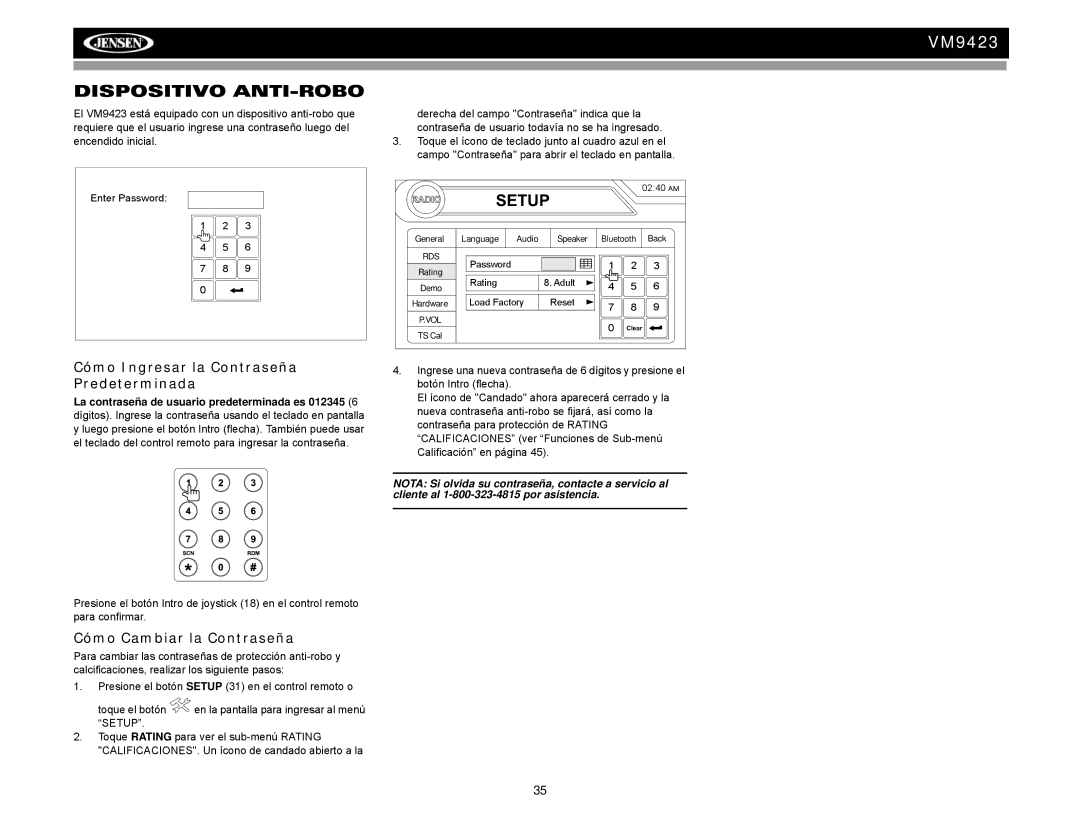 Jensen VM9423 Dispositivo ANTI-ROBO, Cómo Ingresar la Contraseña Predeterminada, Cómo Cambiar la Contraseña 