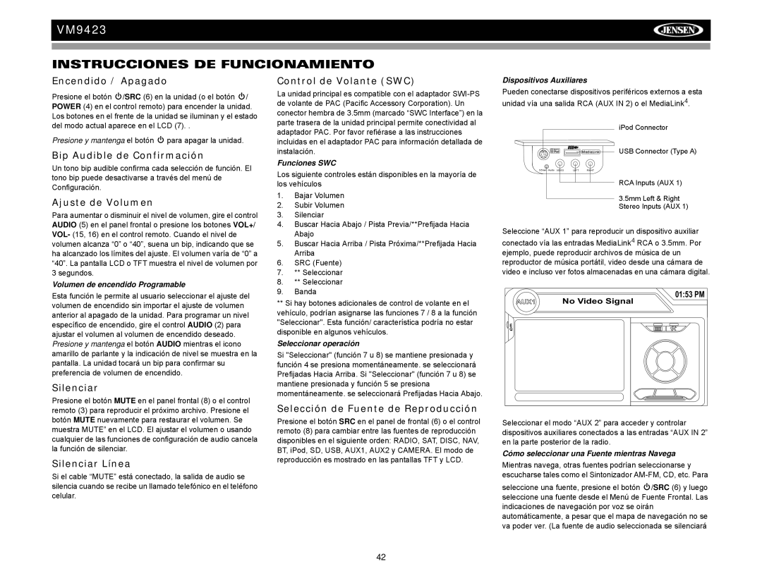 Jensen VM9423 operation manual Instrucciones DE Funcionamiento 