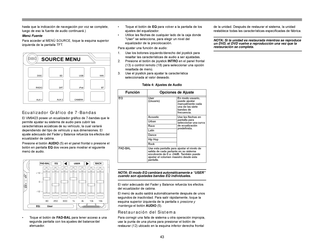 Jensen VM9423 Ecualizador Gráfico de 7-Bandas, Restauración del Sistema, Función Opciones de Ajuste, Menú Fuente 