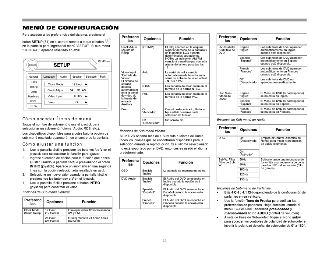 Jensen VM9423 Menú DE Configuración, Cómo acceder Ítems de menú, Cómo ajustar una función, Preferenc Opciones Función Ias 