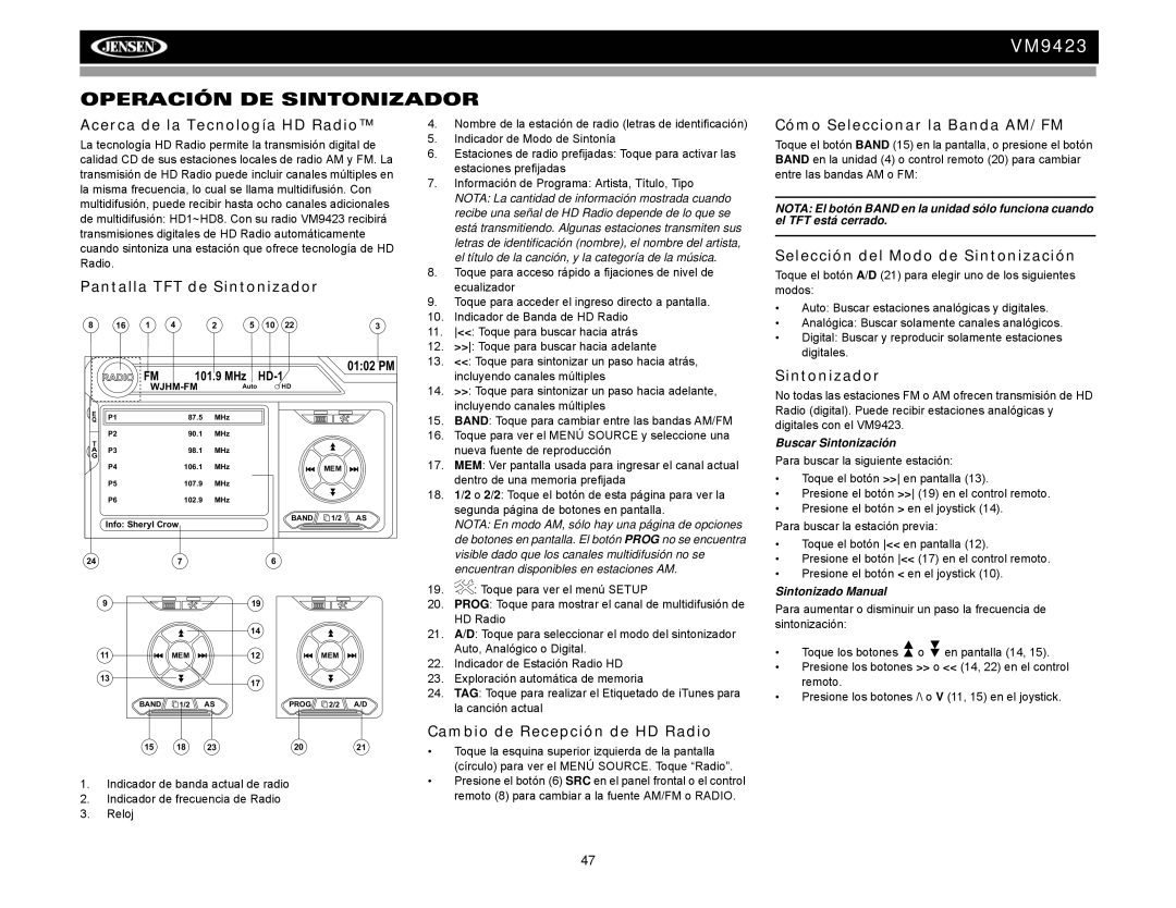 Jensen VM9423 operation manual Operación DE Sintonizador 