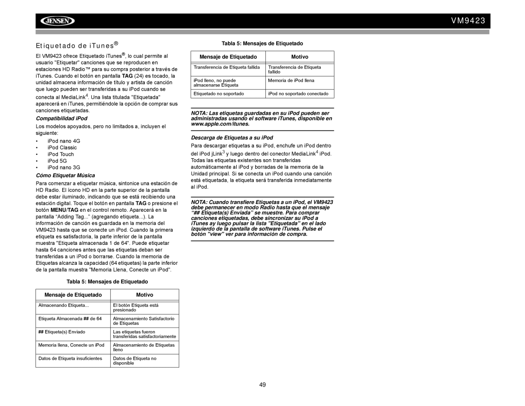 Jensen VM9423 Etiquetado de iTunes, Compatibilidad iPod, Cómo Etiquetar Música, Descarga de Etiquetas a su iPod 