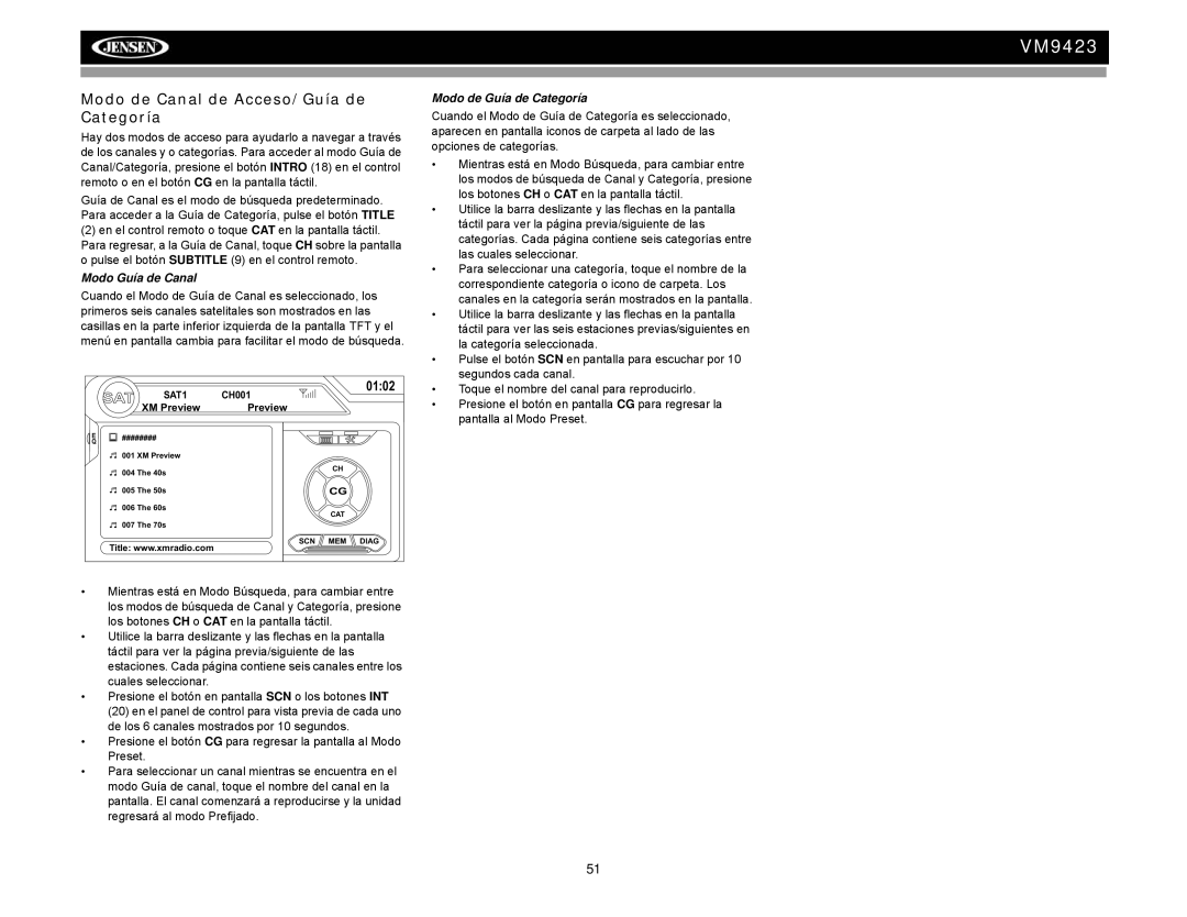 Jensen VM9423 operation manual Modo de Canal de Acceso/Guía de Categoría, Modo Guía de Canal, Modo de Guía de Categoría 