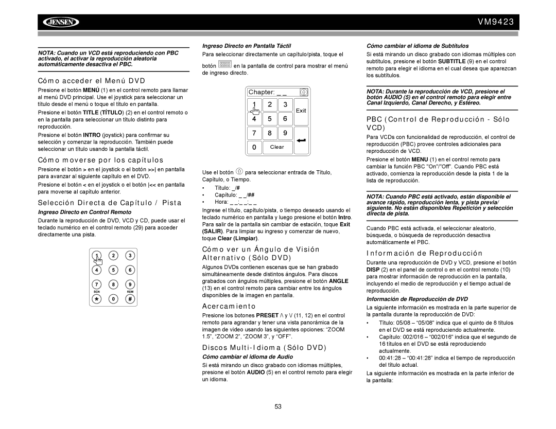 Jensen VM9423 Cómo acceder el Menú DVD, Cómo moverse por los capítulos, Selección Directa de Capítulo / Pista 