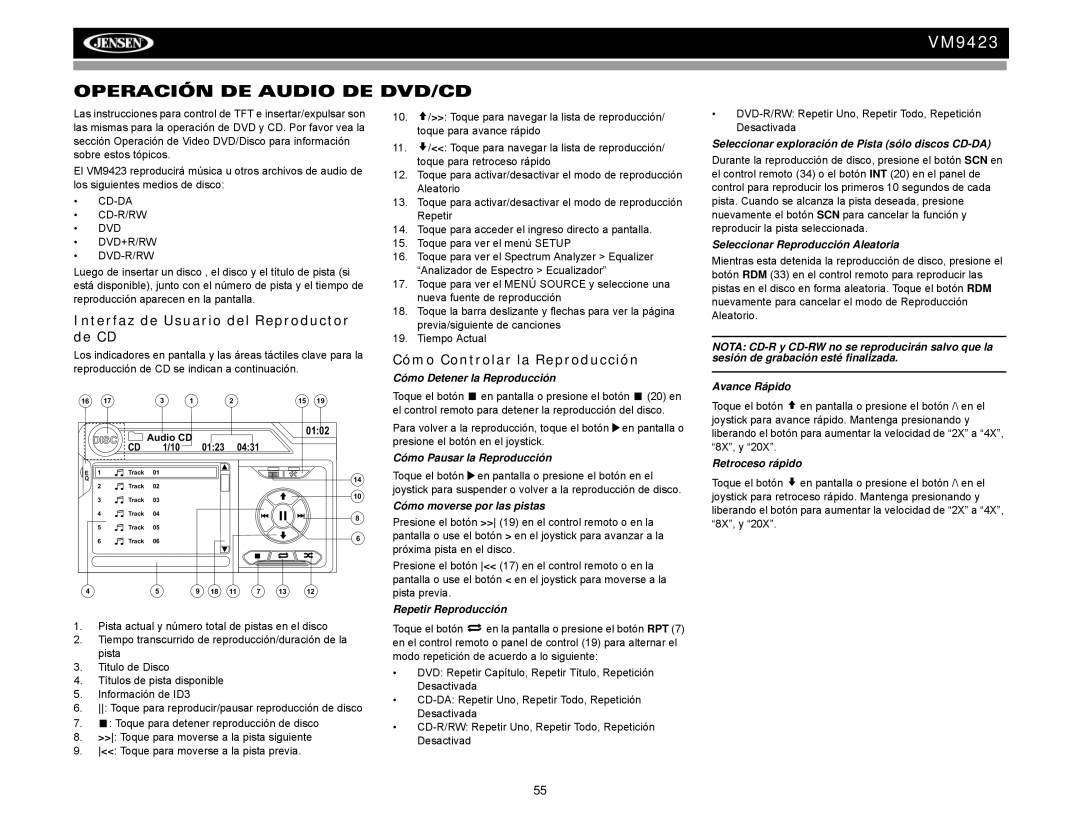 Jensen VM9423 operation manual Operación DE Audio DE DVD/CD, Interfaz de Usuario del Reproductor de CD 