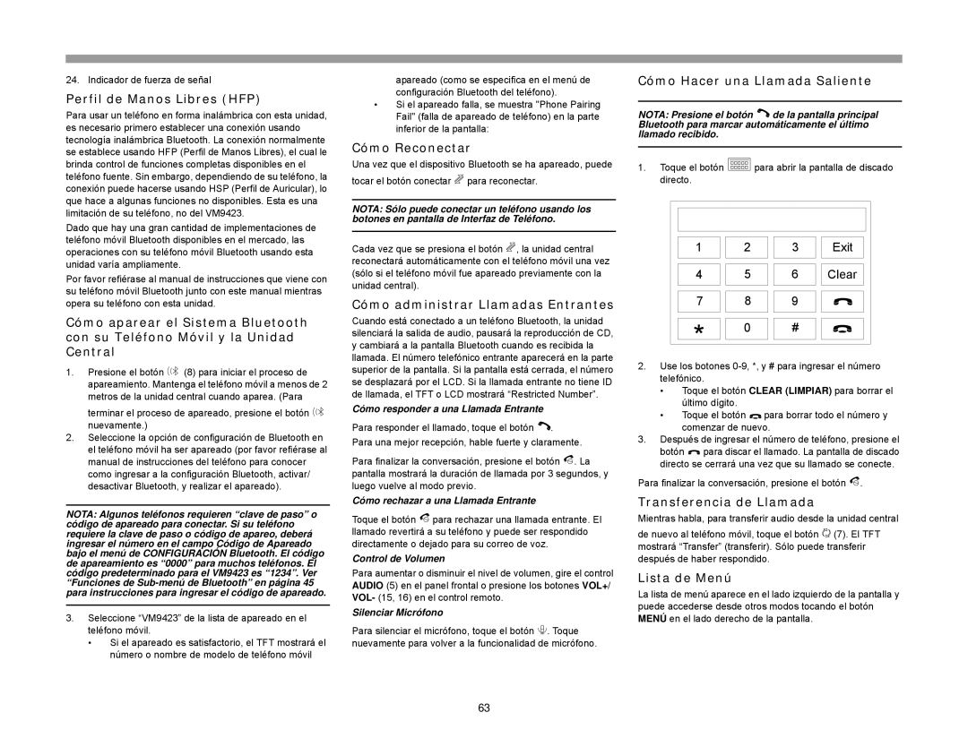 Jensen VM9423 Perfil de Manos Libres HFP, Cómo Reconectar, Cómo administrar Llamadas Entrantes, Transferencia de Llamada 