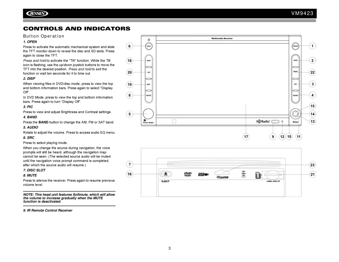 Jensen VM9423 operation manual Controls and Indicators, Button Operation, Pic, Src, IR Remote Control Receiver 