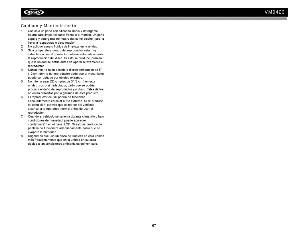 Jensen VM9423 operation manual Cuidado y Mantenimiento 