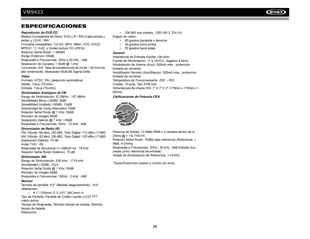 Jensen VM9423 operation manual Especificaciones 