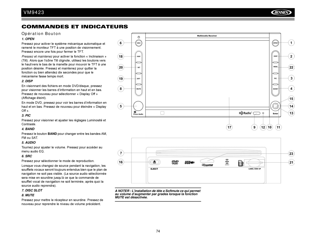 Jensen VM9423 operation manual Commandes ET Indicateurs, Opération Bouton 