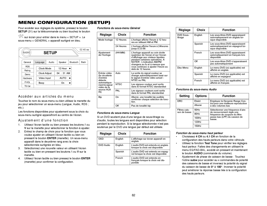 Jensen VM9423 Menu Configuration Setup, Accéder aux articles du menu, Ajustement d’une fonction, Réglage Choix Fonction 