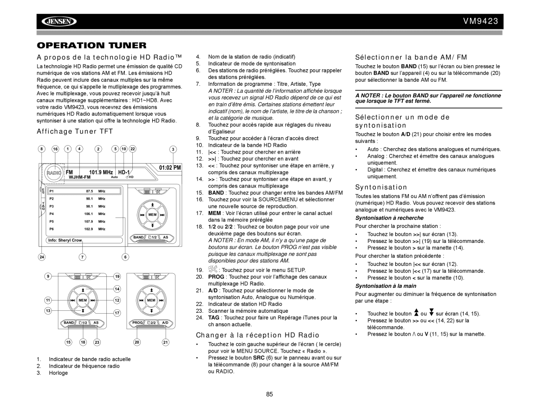 Jensen VM9423 operation manual Operation Tuner 