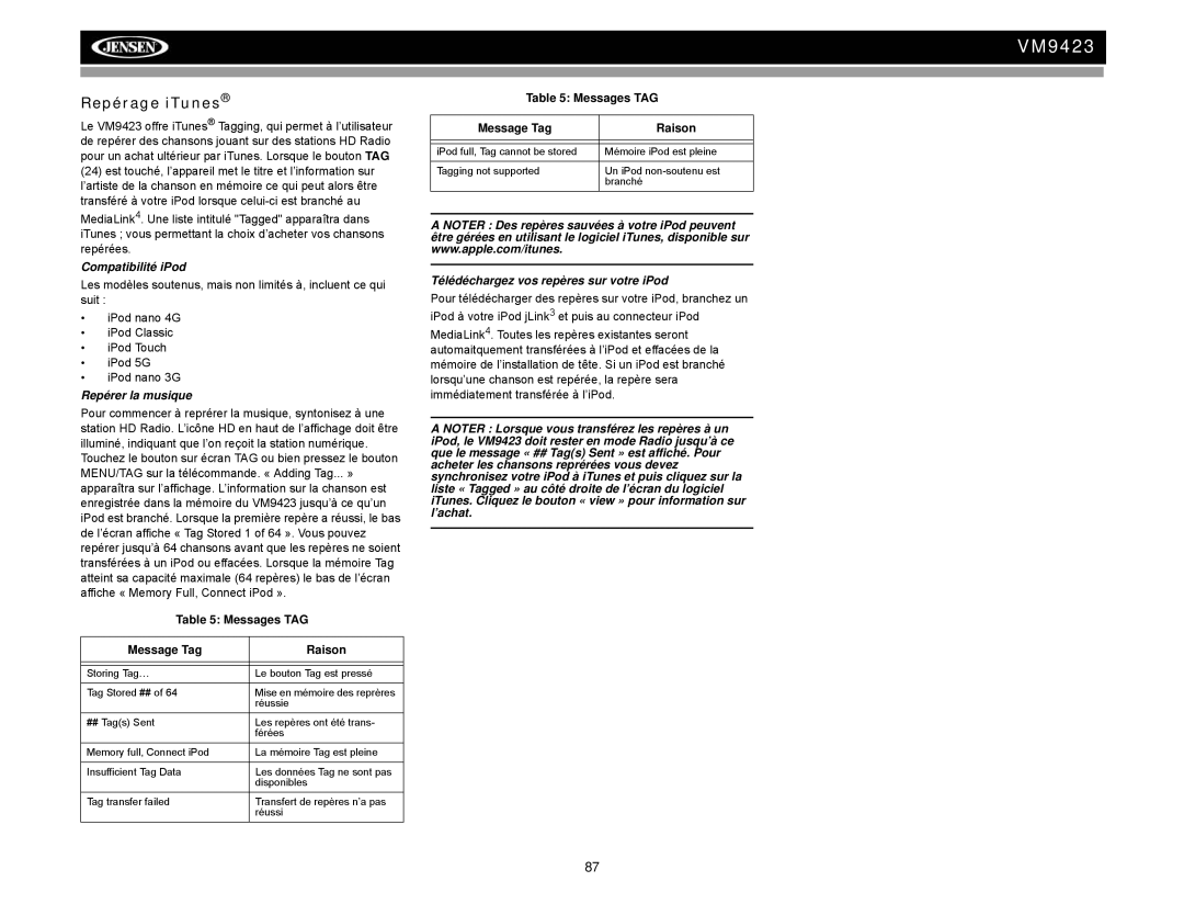 Jensen VM9423 operation manual Repérage iTunes, Compatibilité iPod, Repérer la musique, Messages TAG Message Tag Raison 