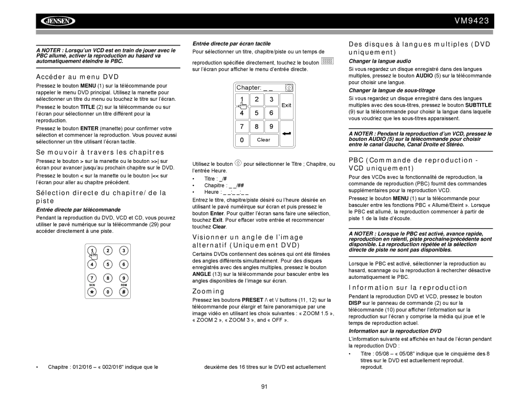 Jensen VM9423 Accéder au menu DVD, Se mouvoir à travers les chapitres, Sélection directe du chapitre/de la piste 